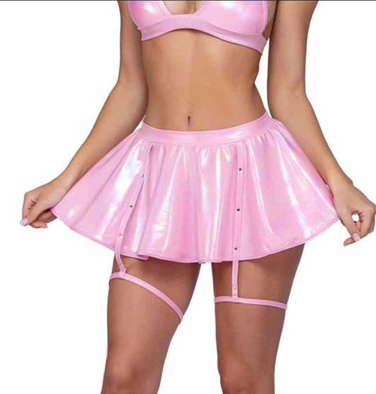 Metallic Iridescent Flare Skirt with Garters - Pink