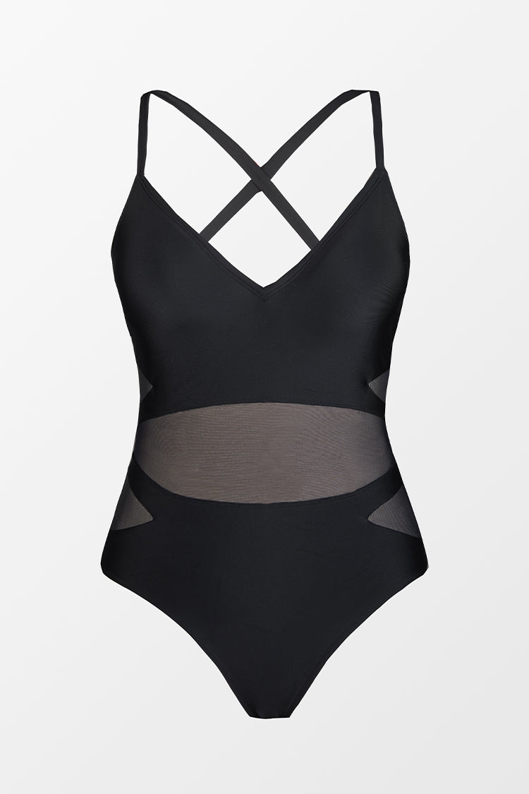 Love Los Angeles Mesh Tie-Back Plus Size One Piece Swimsuit in Black